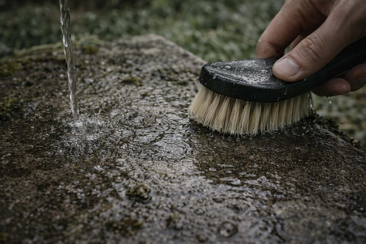 Close-up of a weathered headstone surface being gently cleaned with a soft-bristled brush.