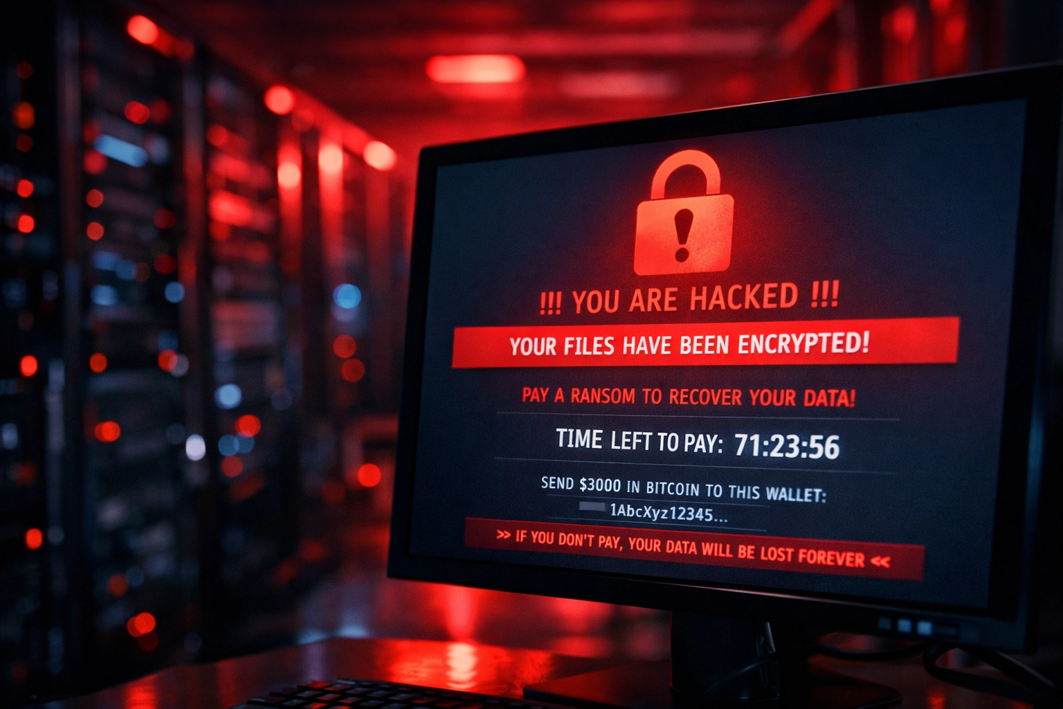 Ransomware attack warning on server room screen showing critical data disaster threat