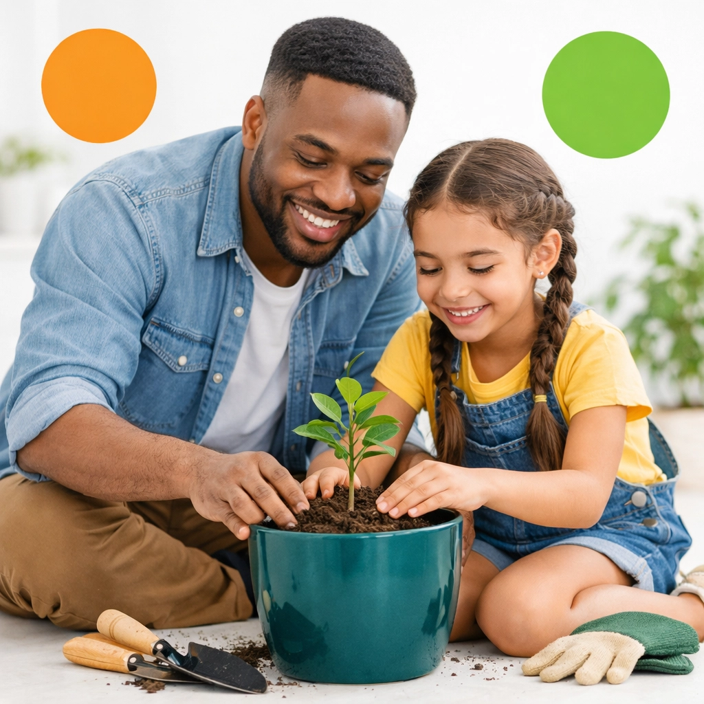 Father and daughter planting a tree, symbolizing growth and stewardship in the Complete Life Skills Platform.