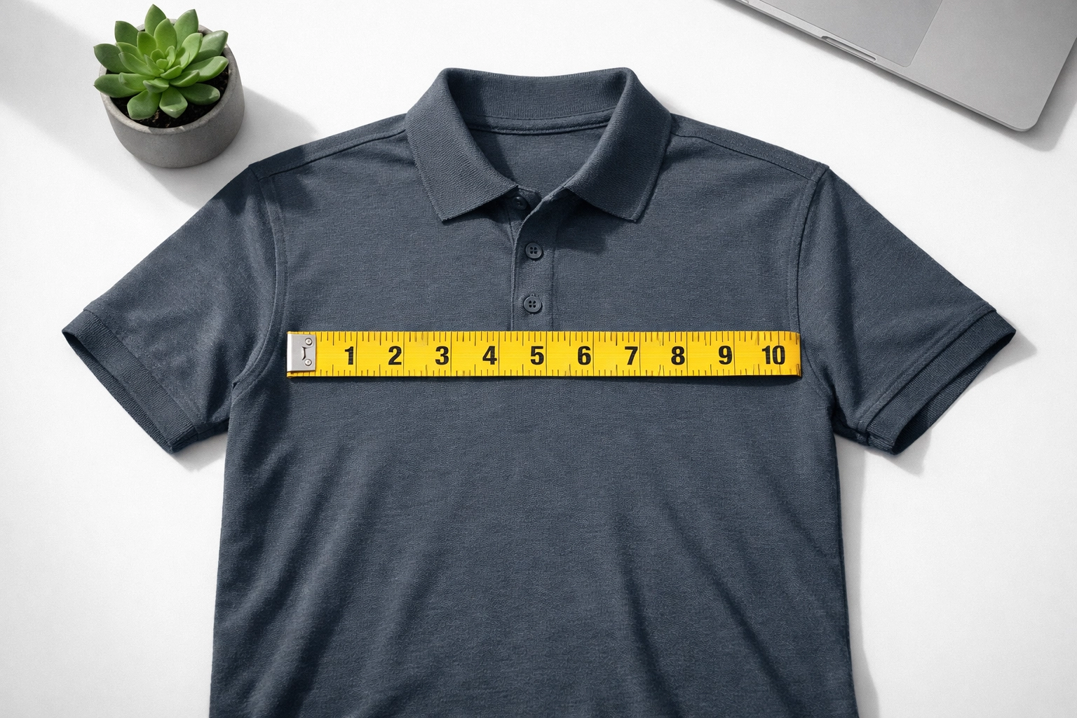 Measuring logo placement on a custom polo shirt for accurate branding and professional scale.