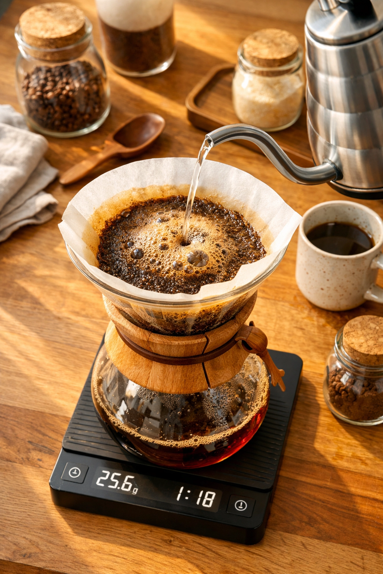 Home pour-over coffee setup with blooming grounds, gooseneck kettle, and brewing scale