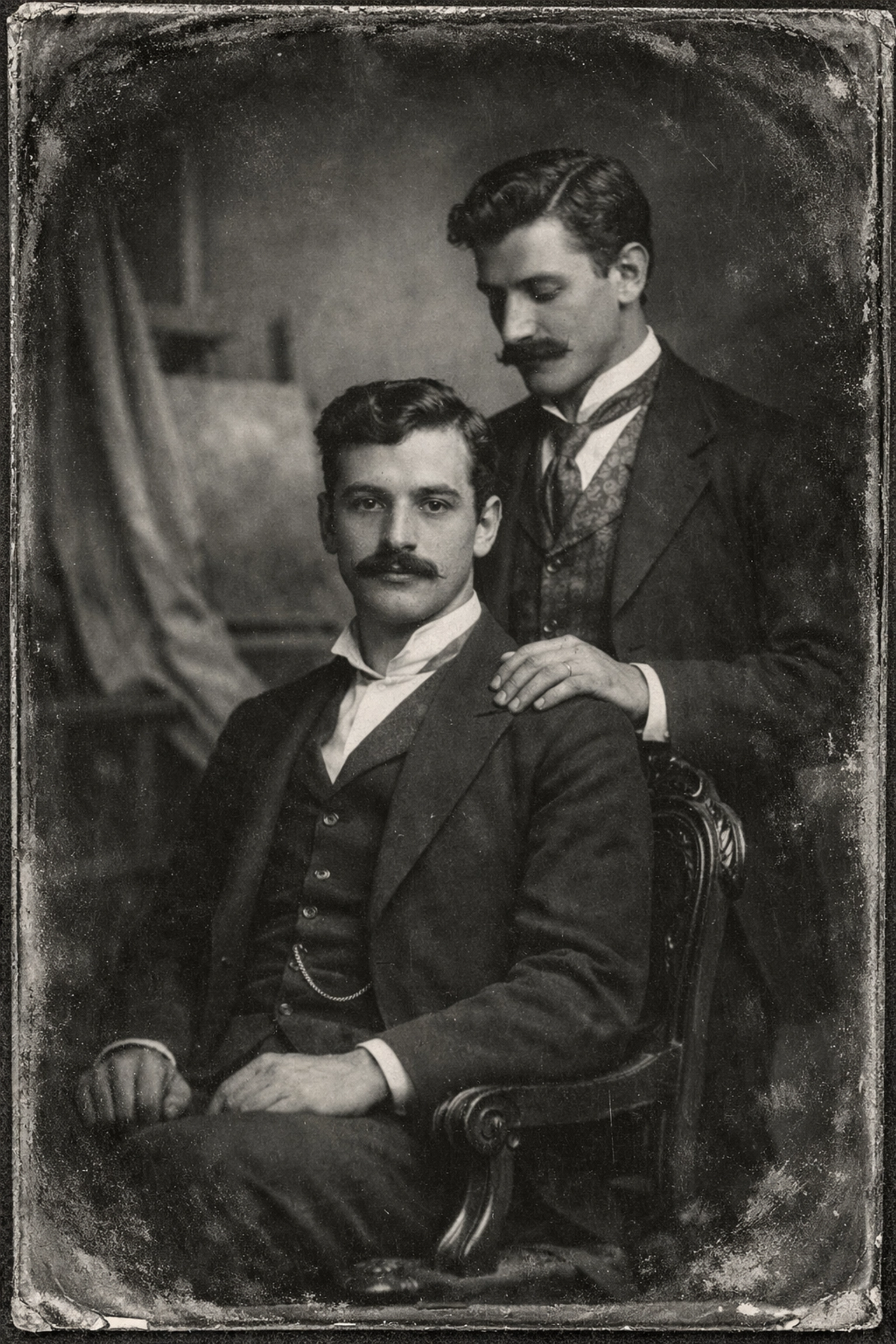 Vintage black and white photo of two Victorian men in an intimate pose, representing early gay historical romance.