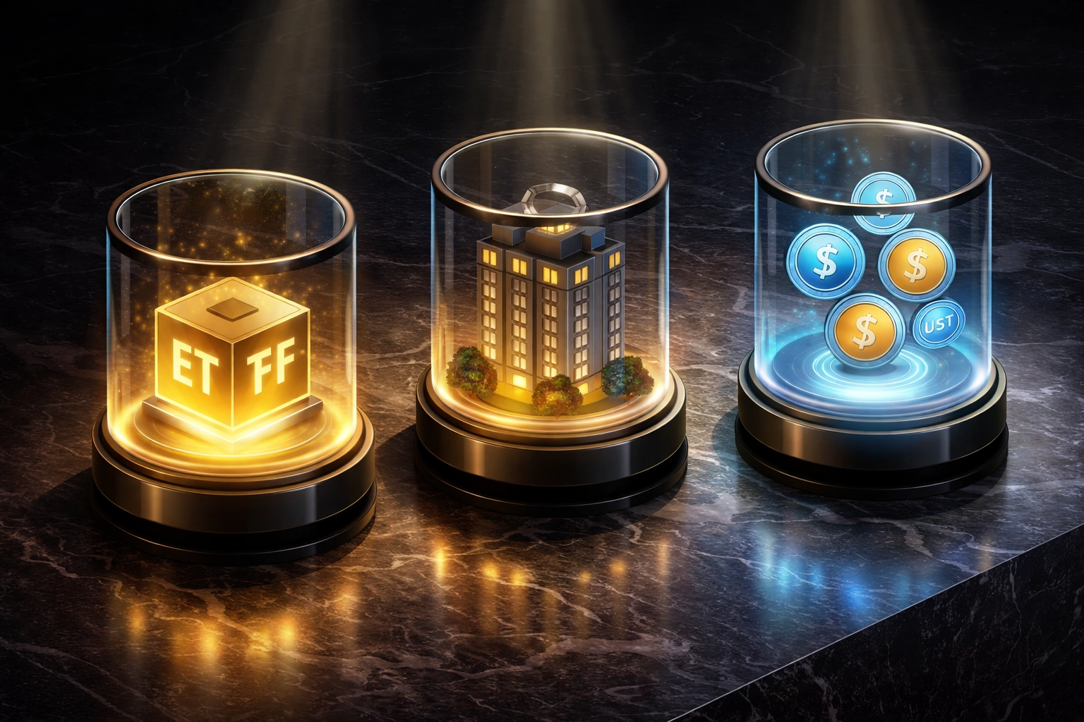 Three investment vehicles showcased: ETF, real estate, and stablecoins, highlighting diversification in institutional portfolios