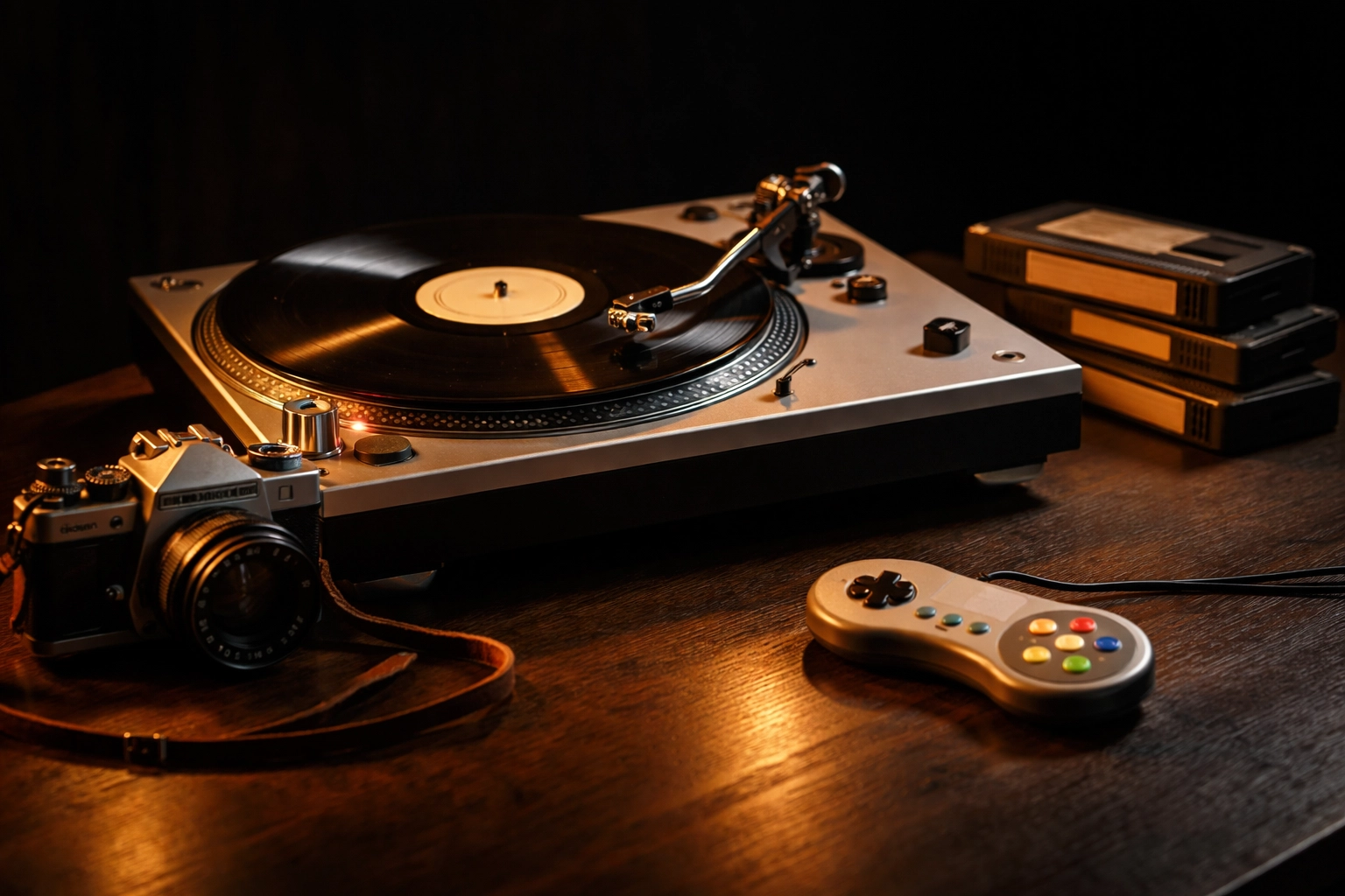 Vintage electronics including a turntable, film camera, and VHS tapes, showcasing valuable old technology for resale