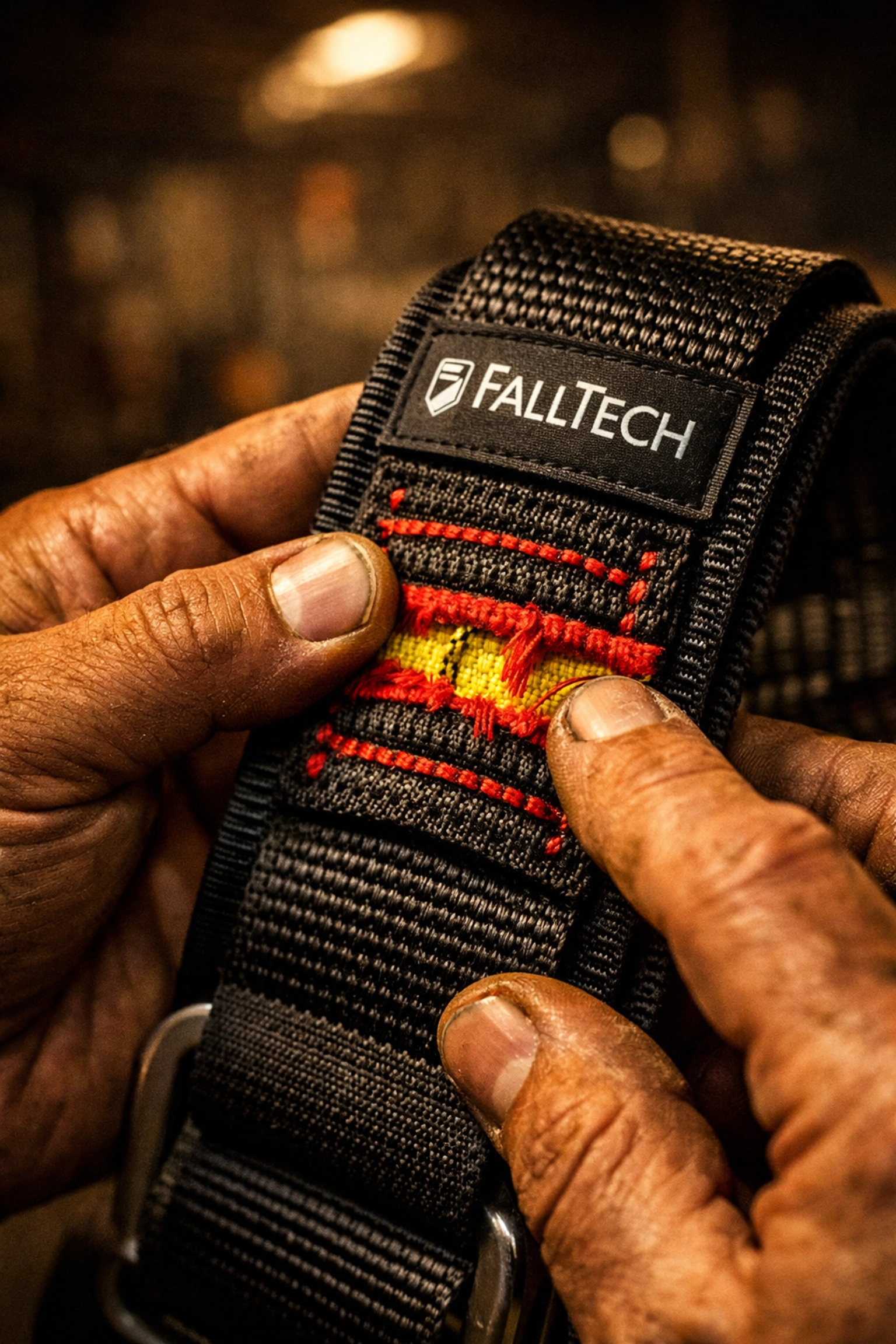Safety expert performing a harness inspection on FallTech gear for a Fort Wayne contractor.