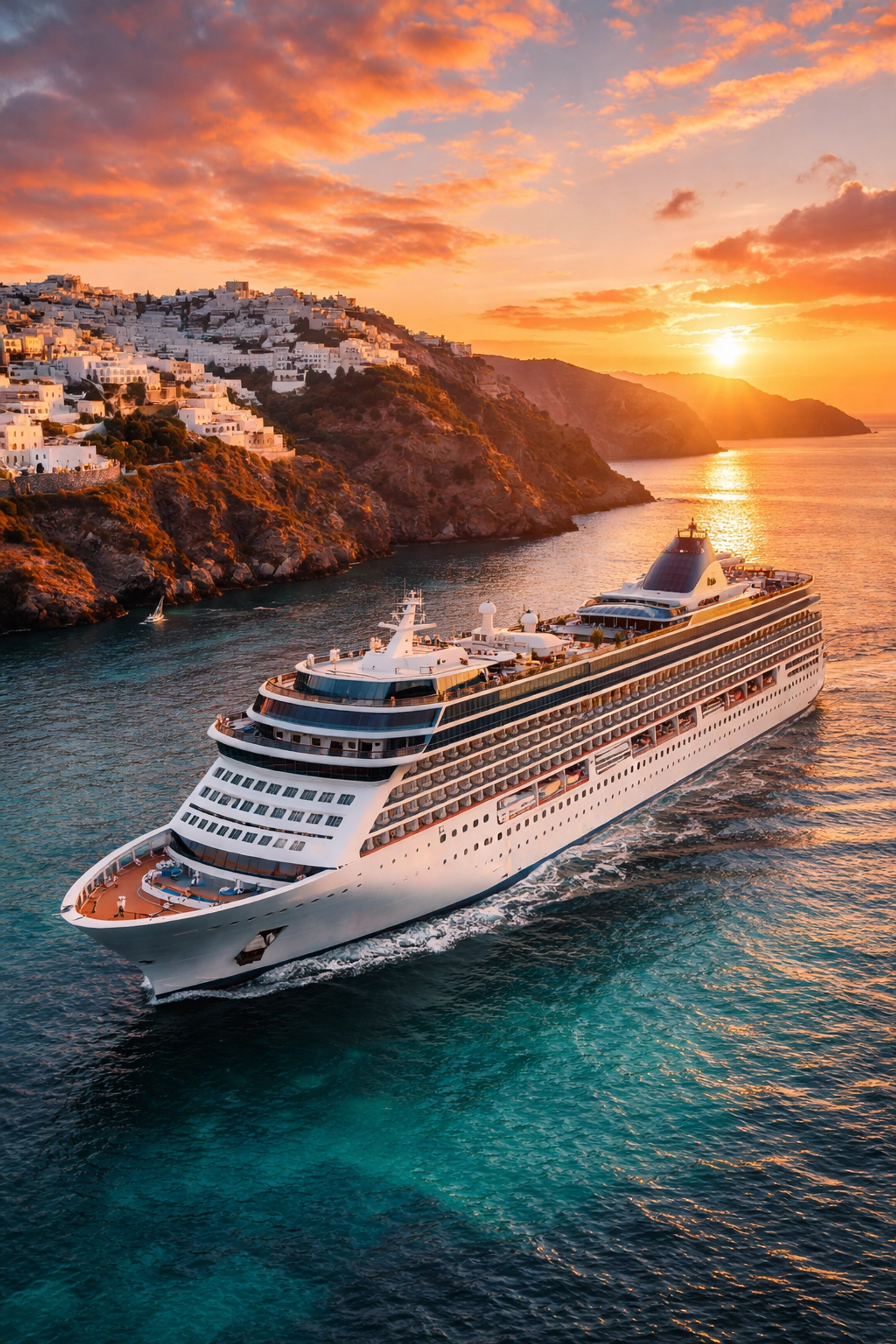 Luxury honeymoon cruise ship sailing near Santorini at sunset, perfect for couples seeking cruise holidays in 2026.