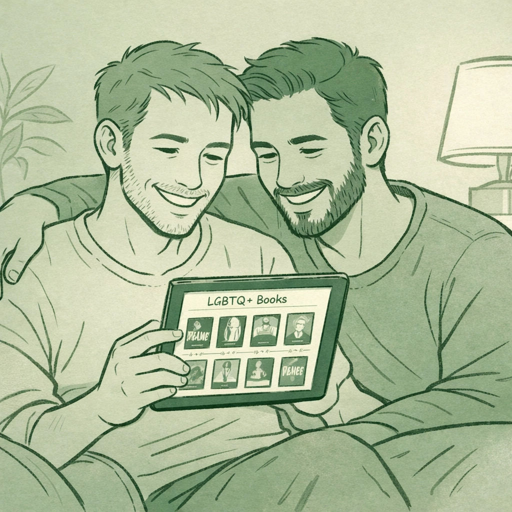 Two men discovering curated gay books and MM romance on tablet in cozy reading space
