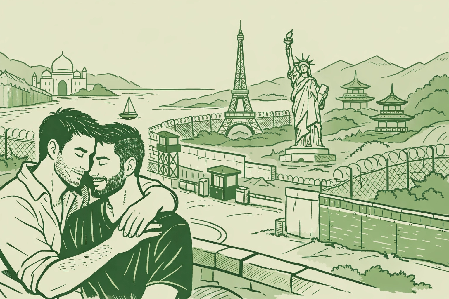 A couple standing on a rustic stone balcony overlooking a Mediterranean coastline at sunset, their arms wrapped around each other as they look at the view