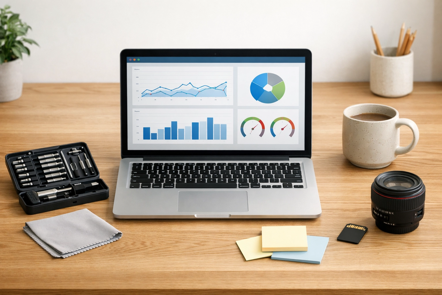 A minimalist desk with a website performance dashboard and tools used for professional website maintenance.