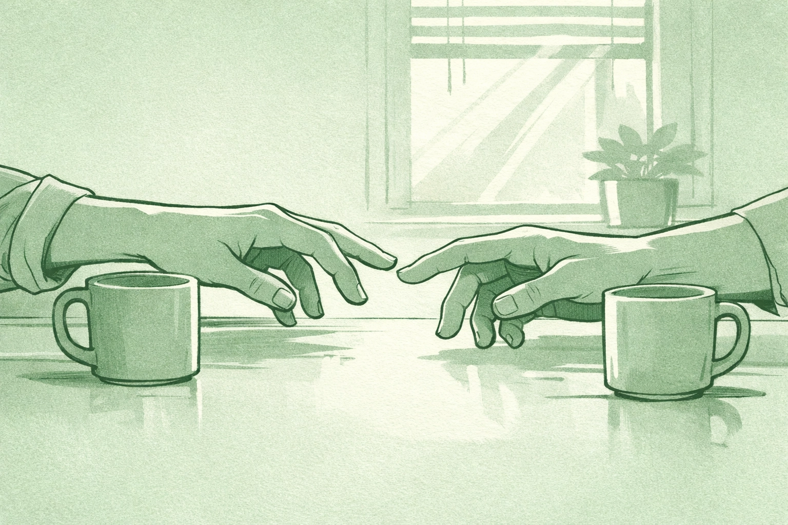 Two men's hands nearly touching showing romantic tension in MM romance forbidden love story