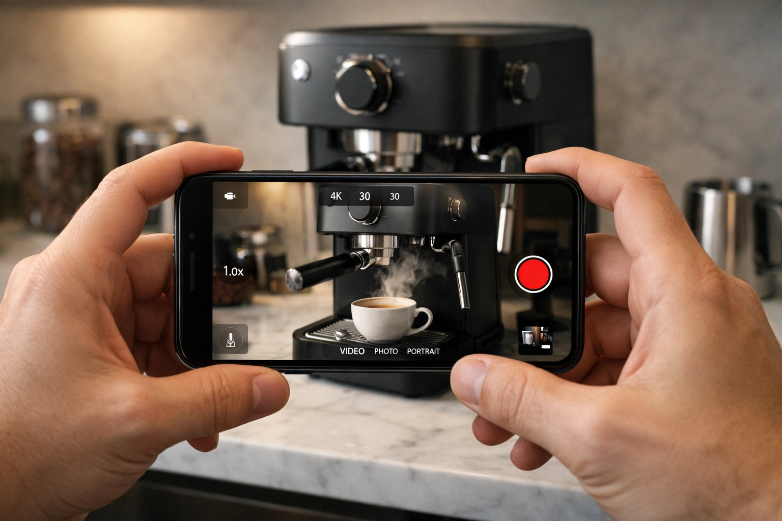 Content creator filming a high-quality product review video on a smartphone for an Amazon side hustle.