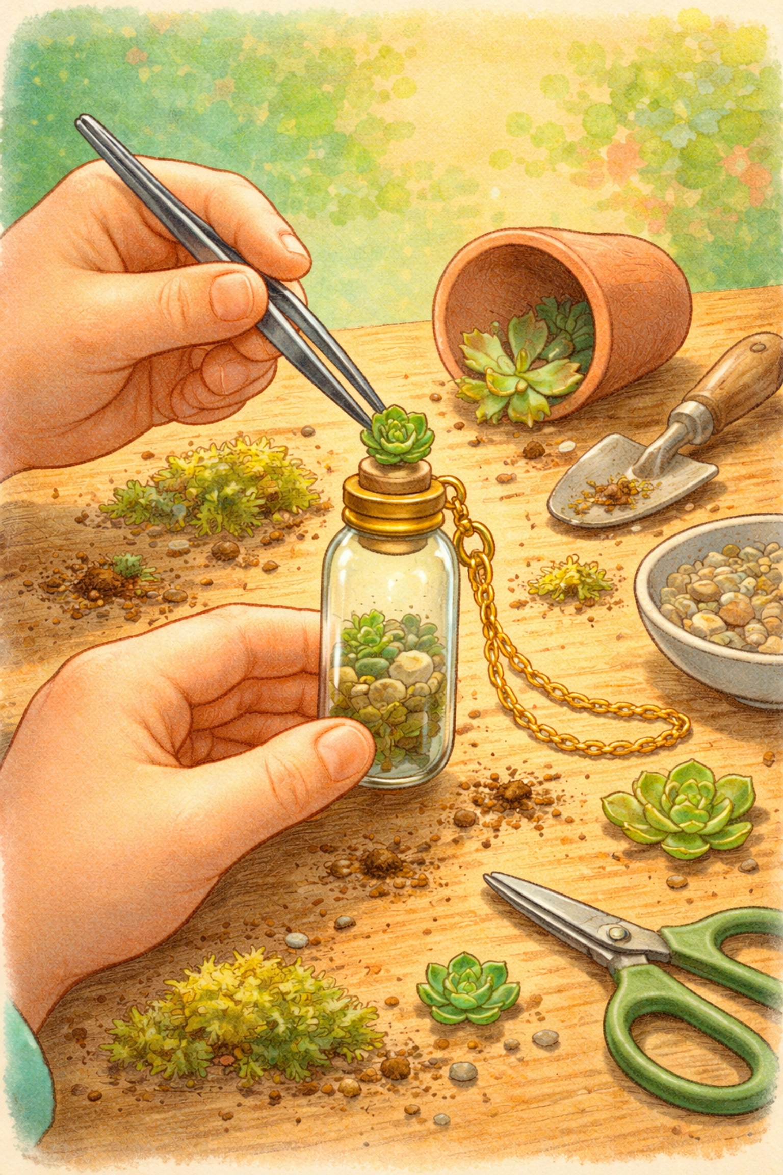Hands using tweezers to place a miniature succulent cutting into a glass vial for living jewelry
