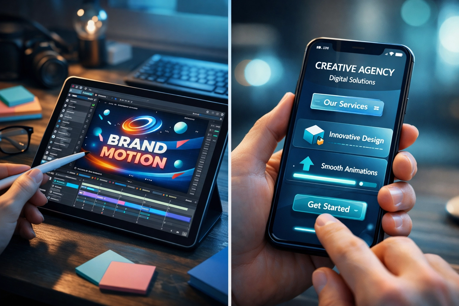 Designer workspace showing animated brand elements and interactive mobile UX design