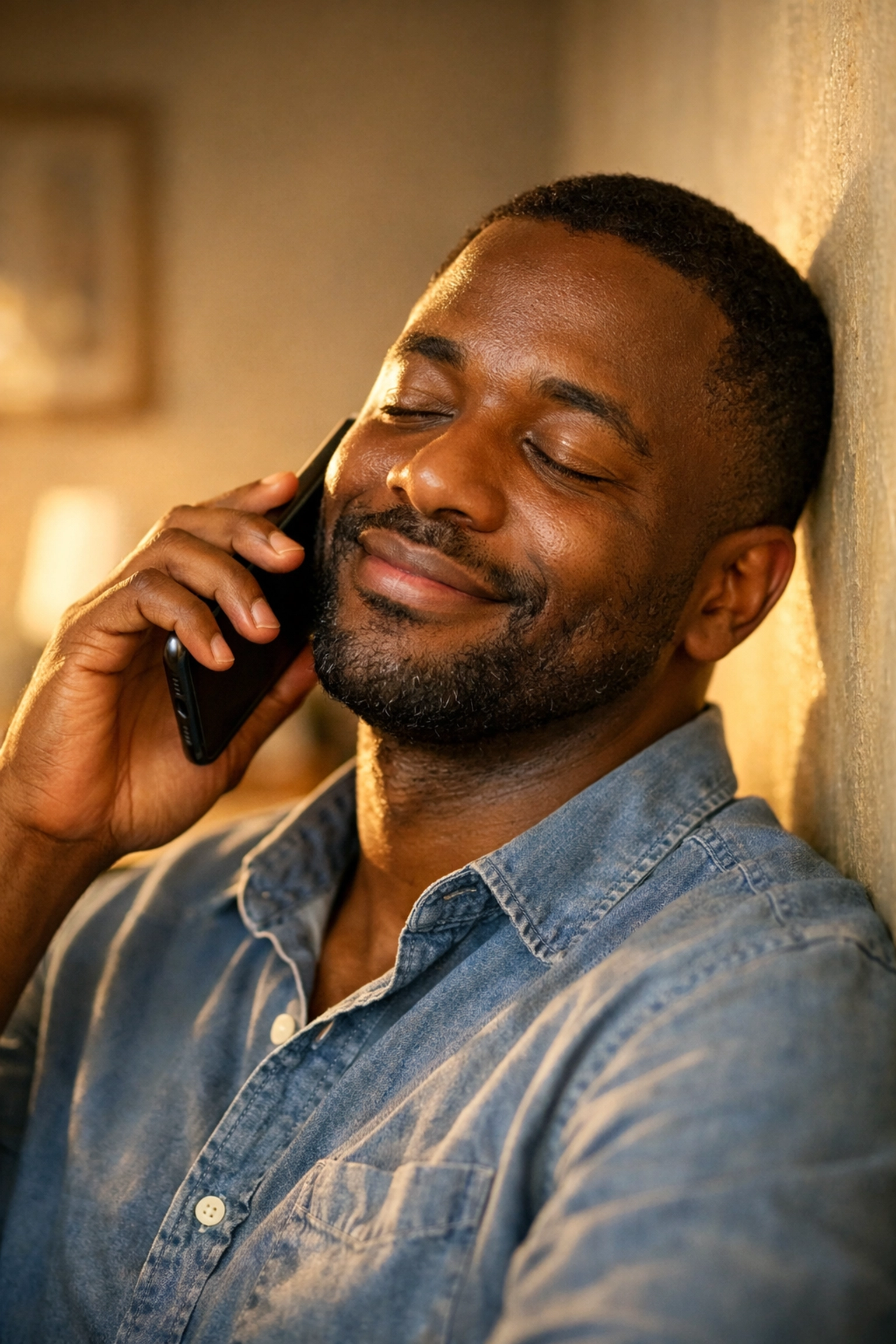 A man smiling with relief while calling a New Jersey disaster distress helpline for crisis support.