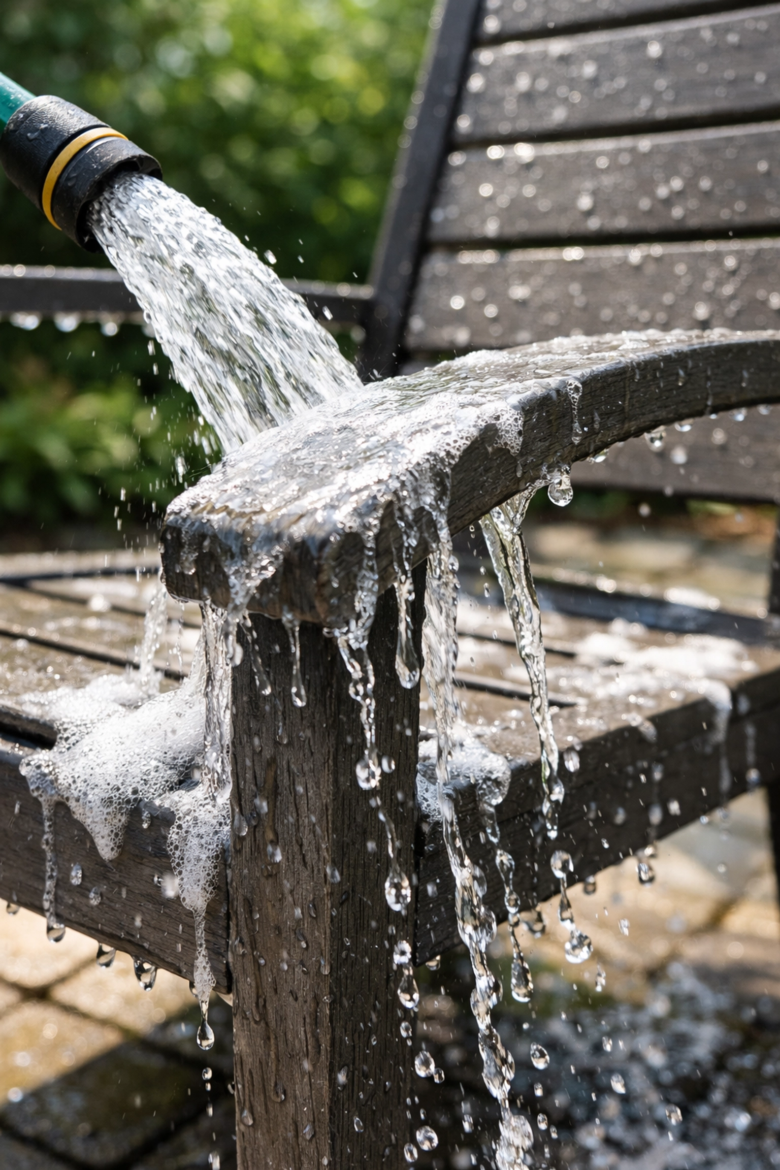 Rinsing an outdoor chair with a garden hose to ensure a clean, streak-free surface.