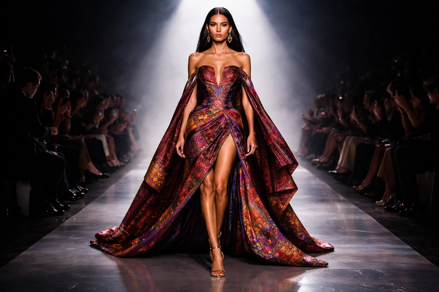 Latina model walks the runway in avant-garde Latin American-inspired couture at the Emerging Designers Showcase, DC Fashion Week.