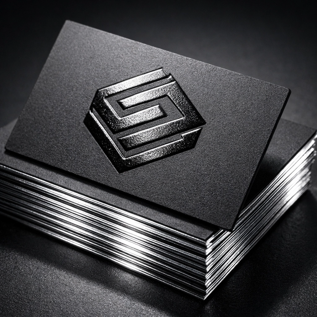 A stack of high-quality custom business cards featuring luxury spot UV texture and metallic foil edges.