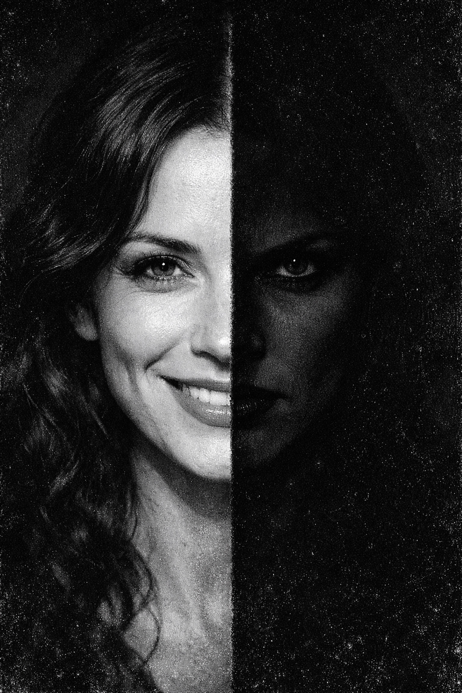 Split portrait showing angry, severe mother figure in harsh black-and-white lighting