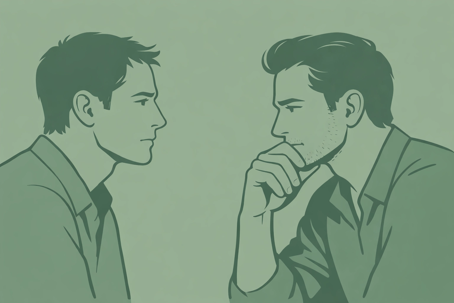 Two men in thoughtful conversation representing character-driven MM romance