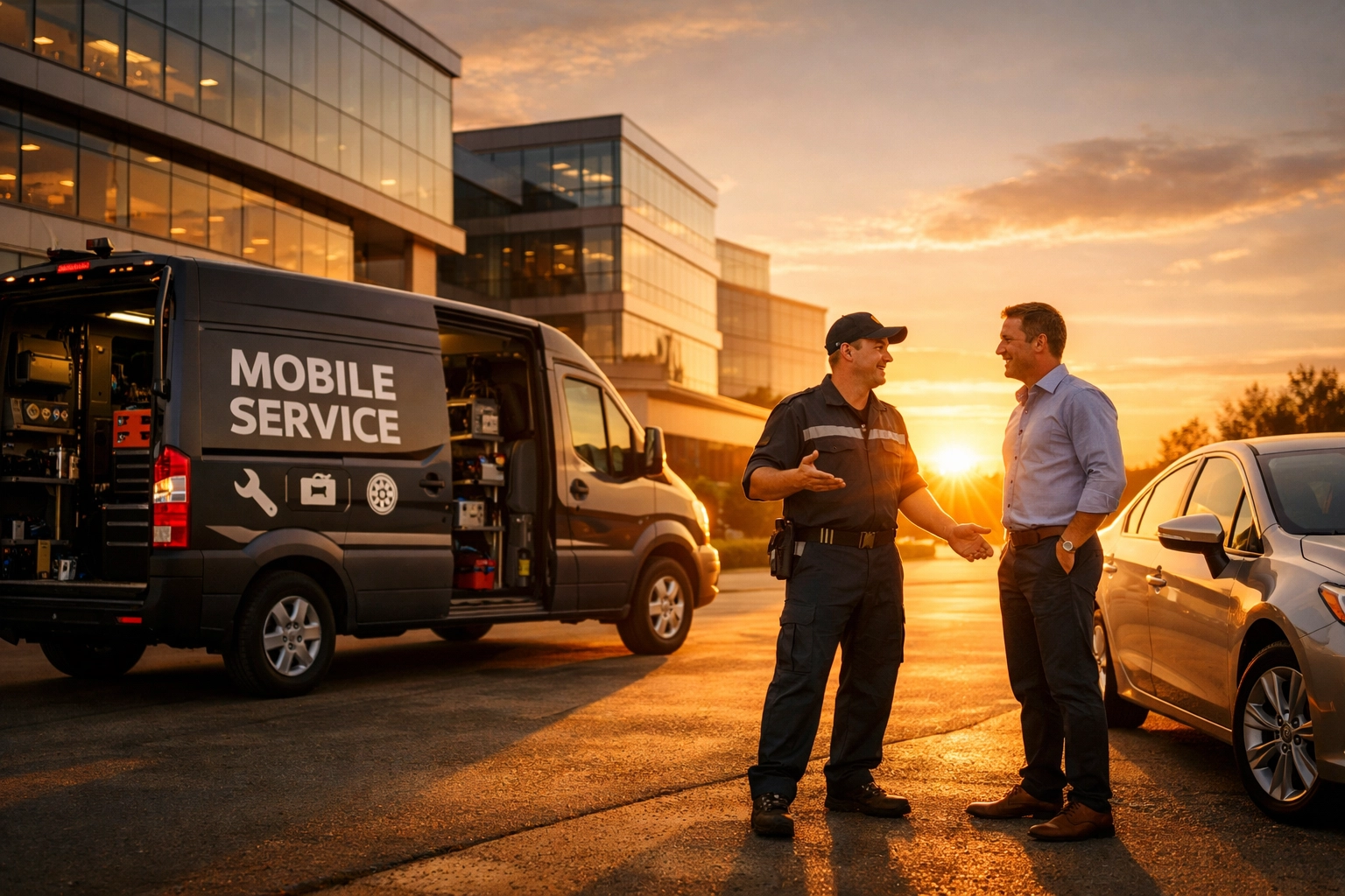 Green Bay mobile auto repair van providing convenient on-site service at a local office complex.