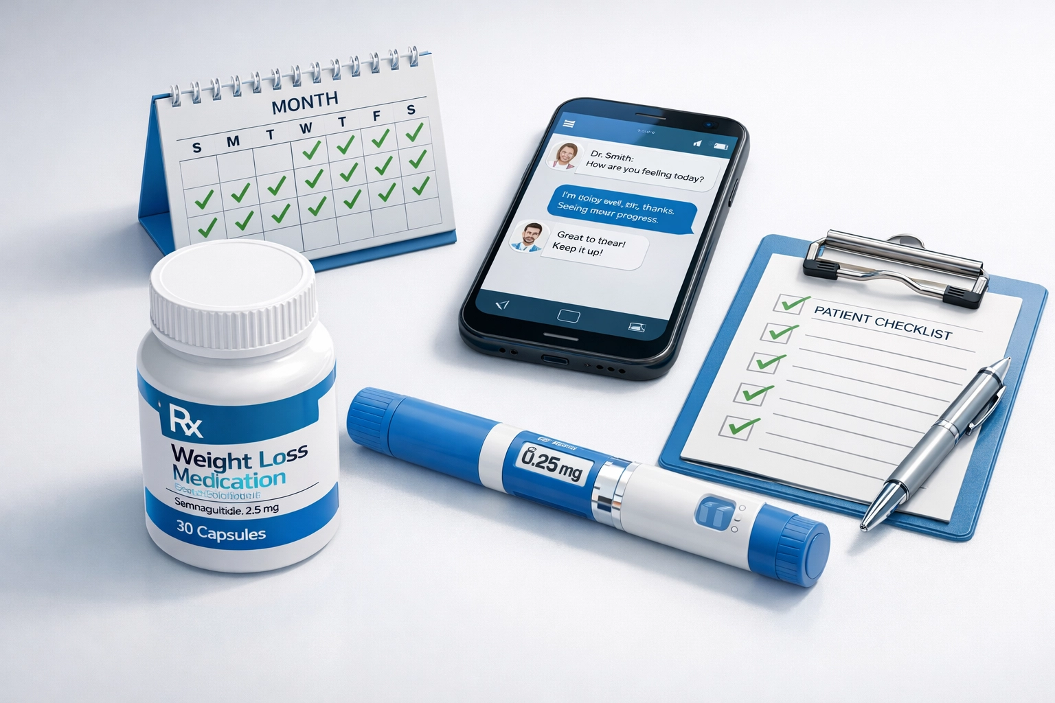 Prescription weight loss medication with monthly tracking and text-based doctor follow-up