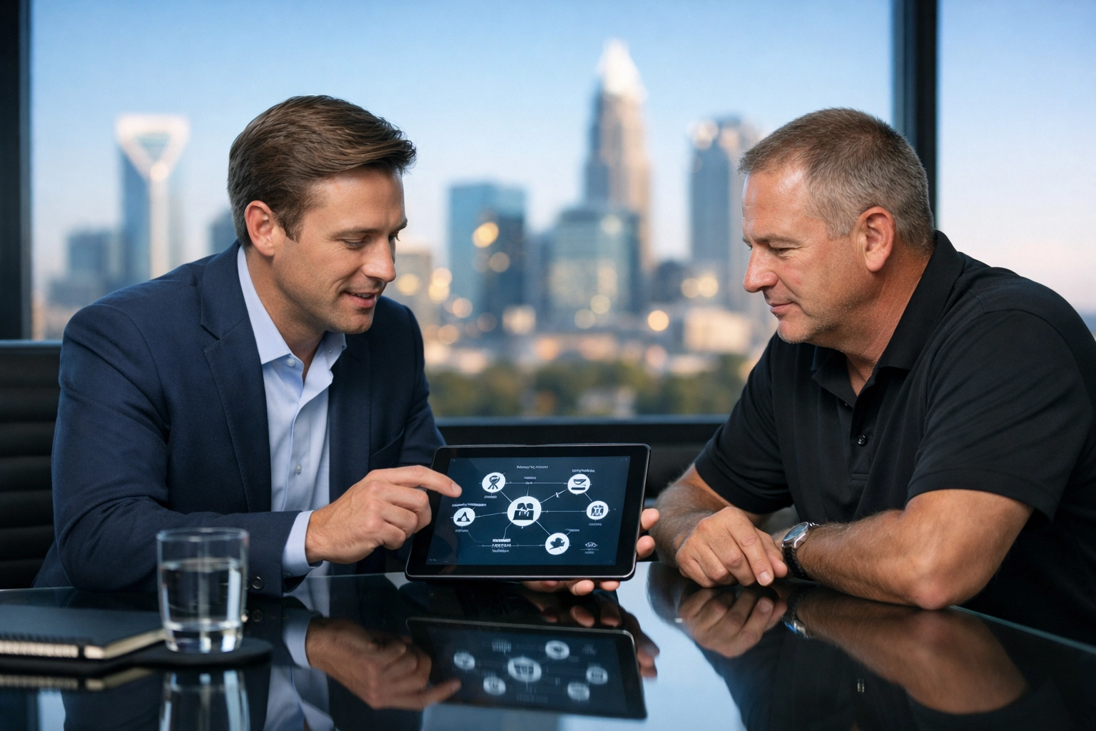 A business broker discussing local market strategy with an owner in a Charlotte office.