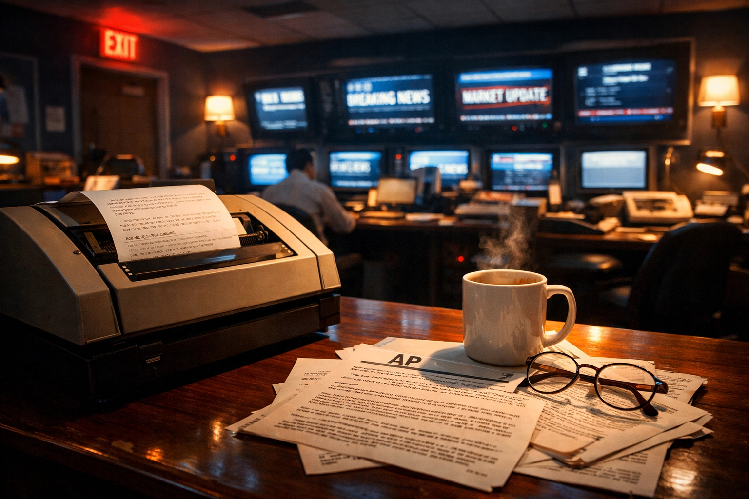 Vintage newsroom desk with wire service reports and monitors showing tonight's breaking headlines