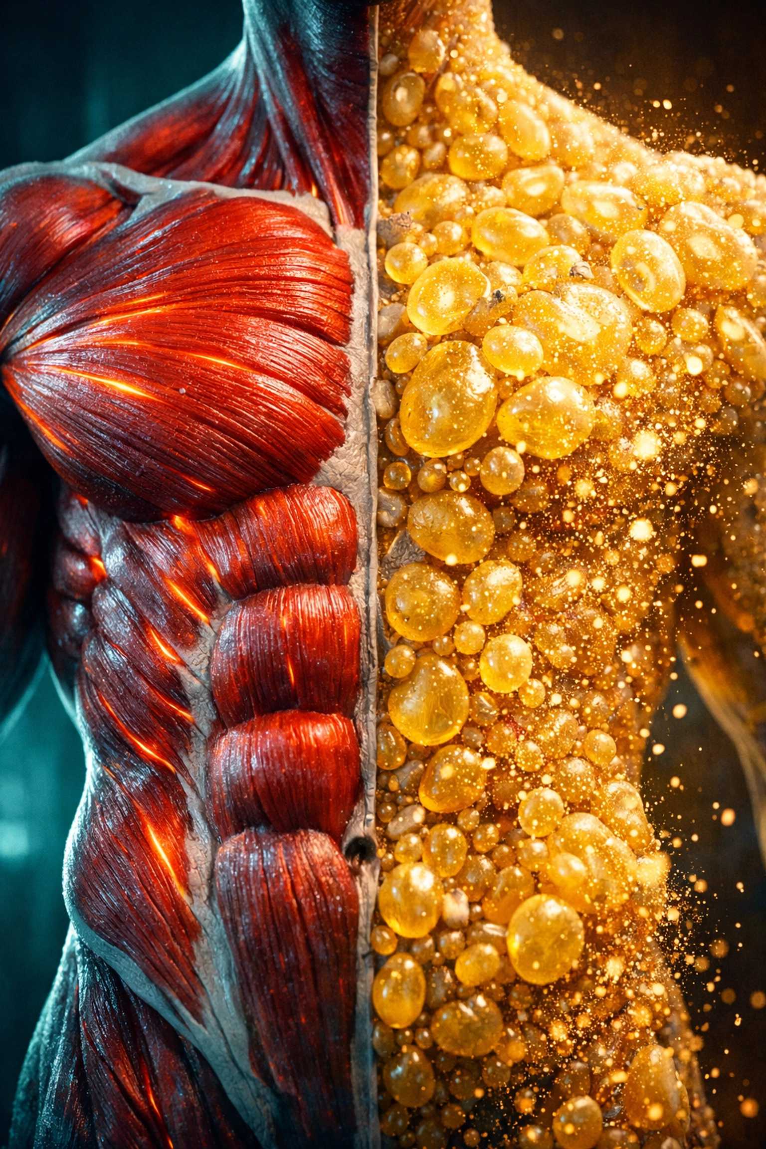 Anatomical view of red muscle fibers and fat cells illustrating muscle preservation during GLP-1 weight loss.