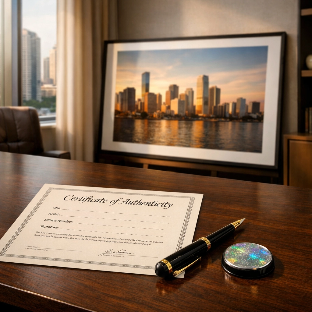 A certificate of authenticity for art prints on a desk in a luxury Brickell, Miami home office.
