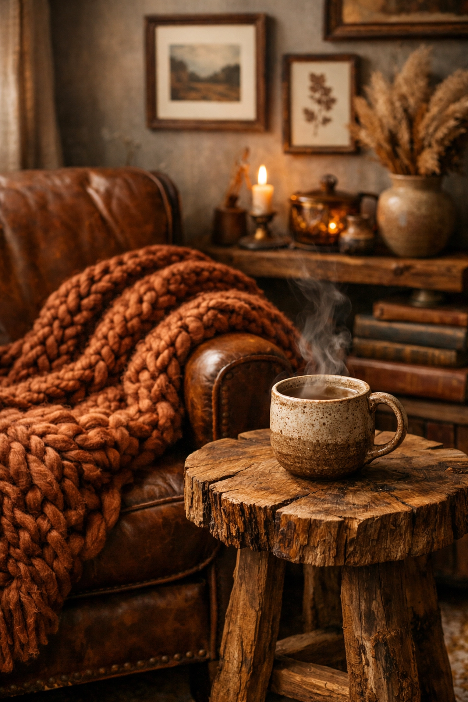Cozy home interior with a handcrafted wool throw and ceramic mug, showcasing ethical and sustainable home decor.