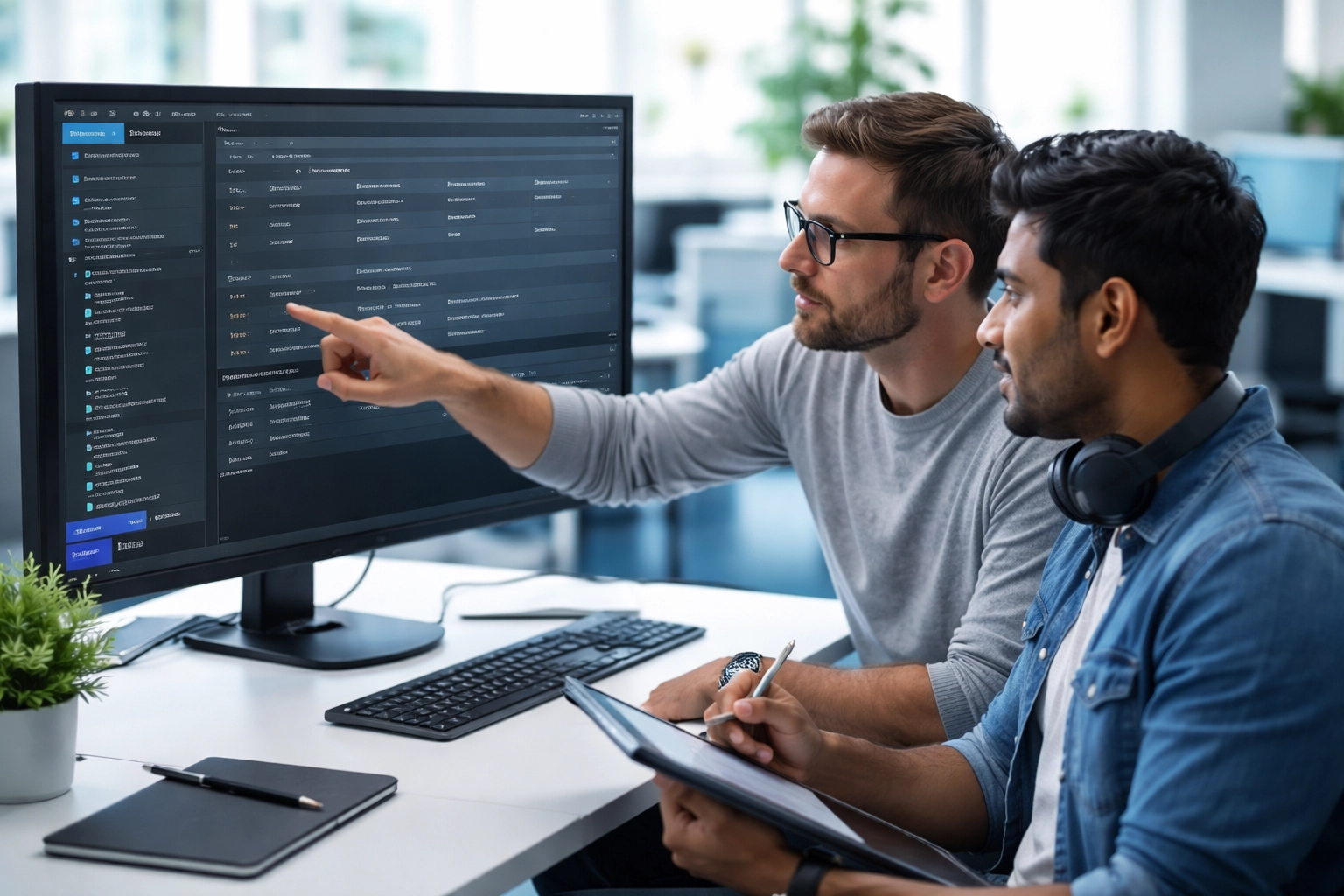 IT professionals configuring ServiceNow Employee Center appointment booking on large monitor in bright collaborative workspace.