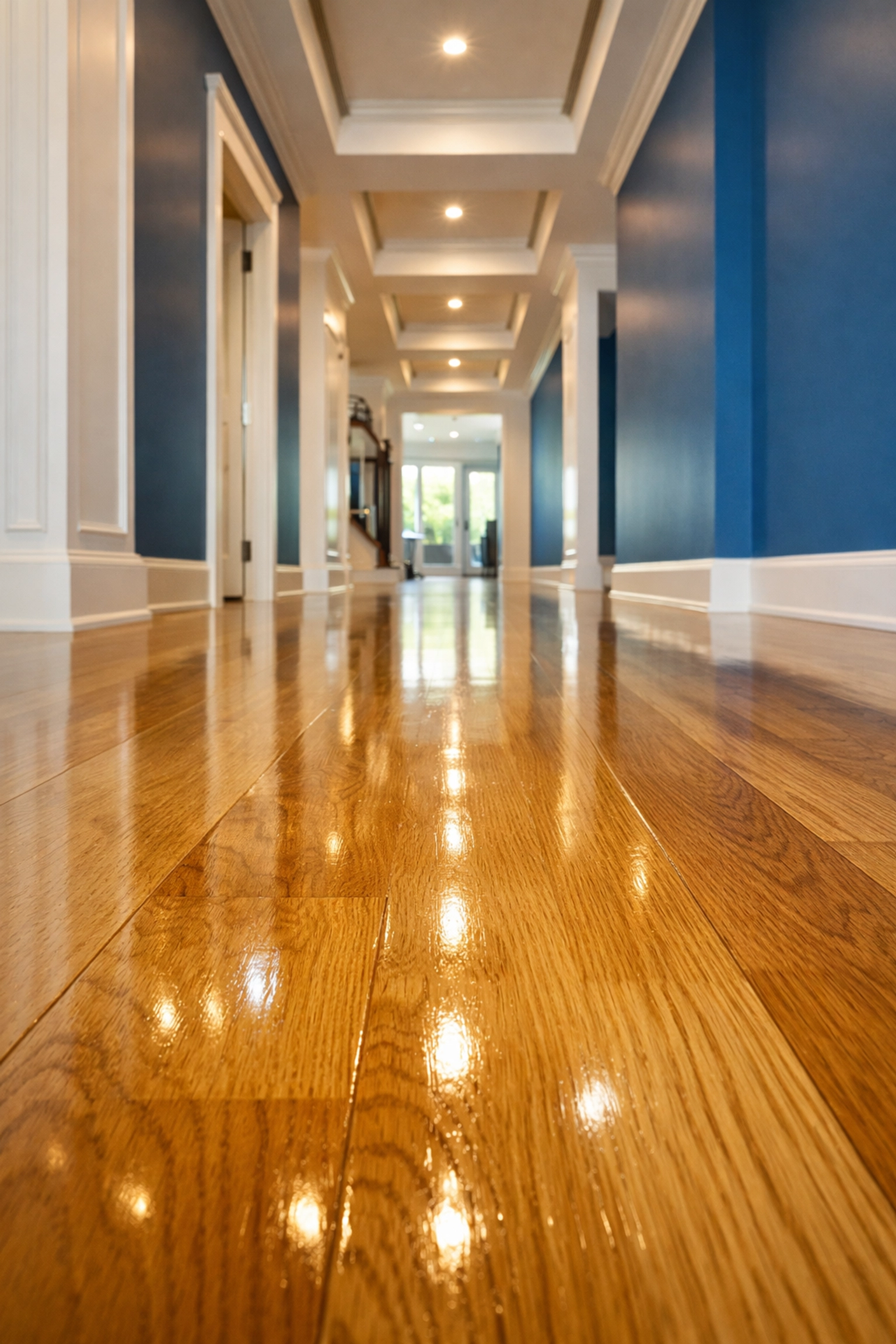 Highly reflective light oak hardwood floors in a sunlit hallway after professional floor buffing.