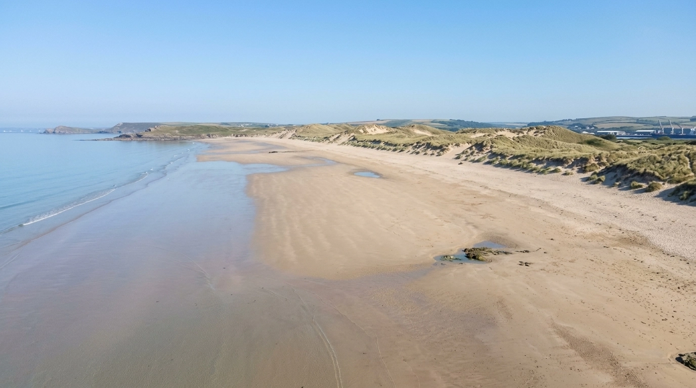 A wide, photorealistic aerial view of Par Sands beach in Cornwall at low tide