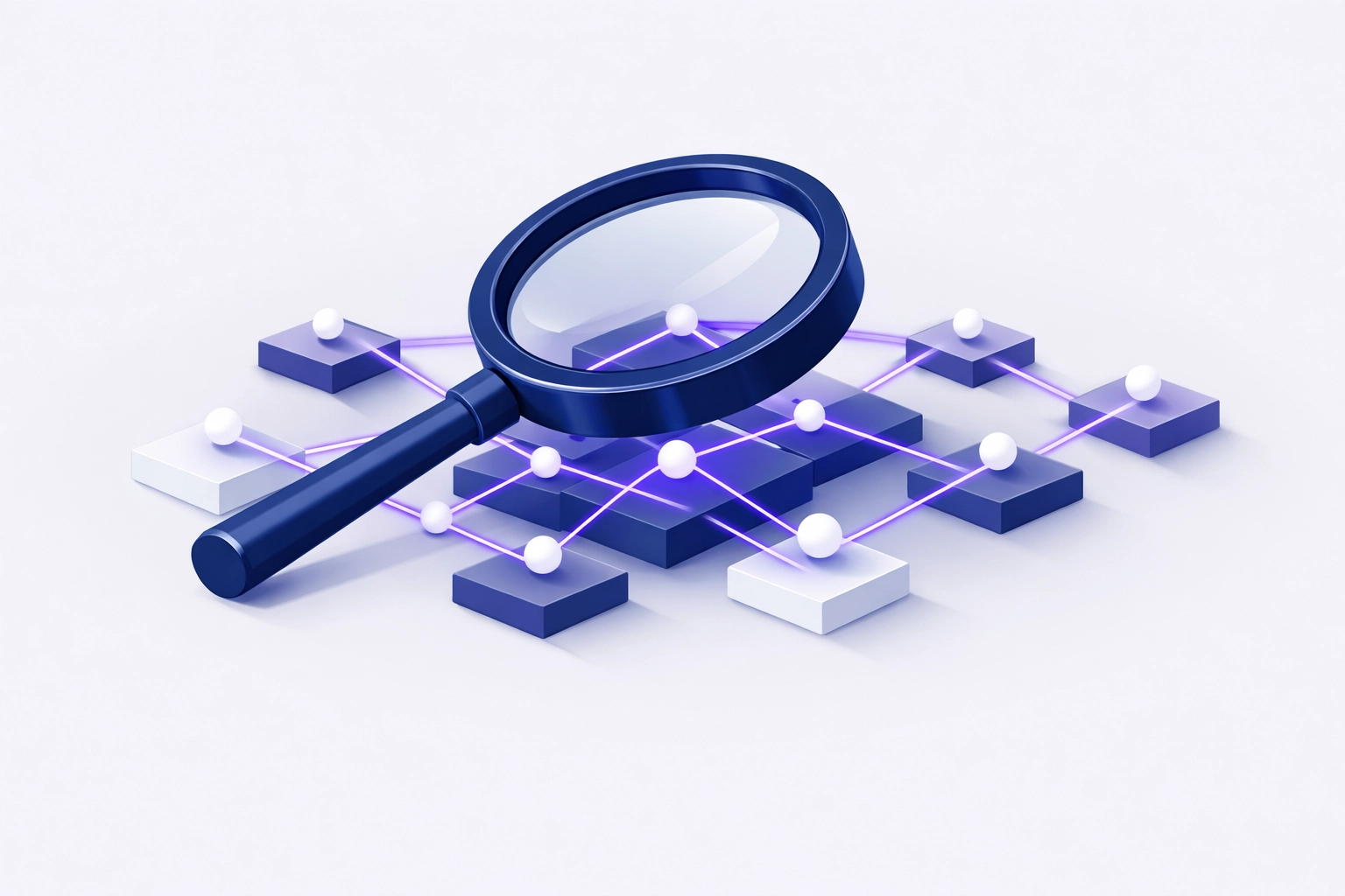Futuristic magnifying glass analyzing digital nodes, illustrating AI-driven search engine optimization.