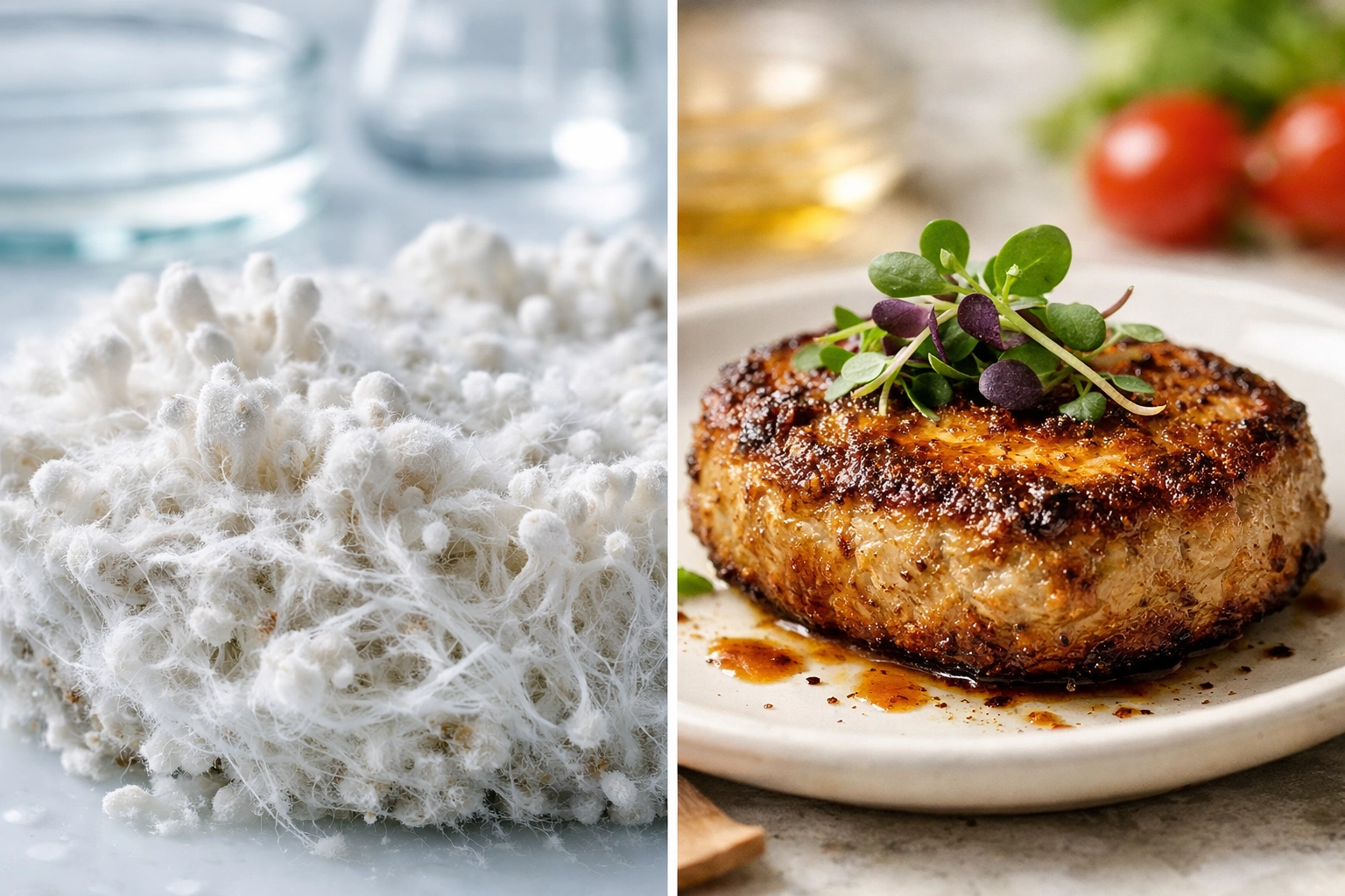 Comparison of raw mycelium fungi roots and a seared plant-based gourmet cutlet.