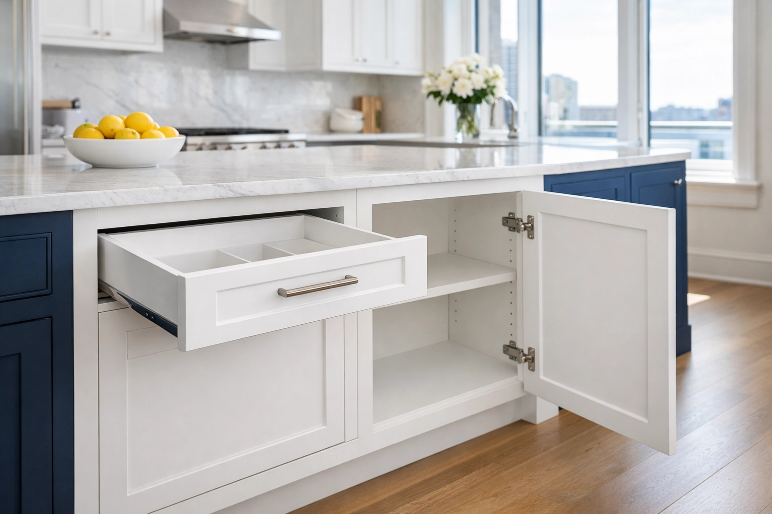 Spotless kitchen cabinets and drawers prepared for a Boston apartment move-out cleaning inspection.