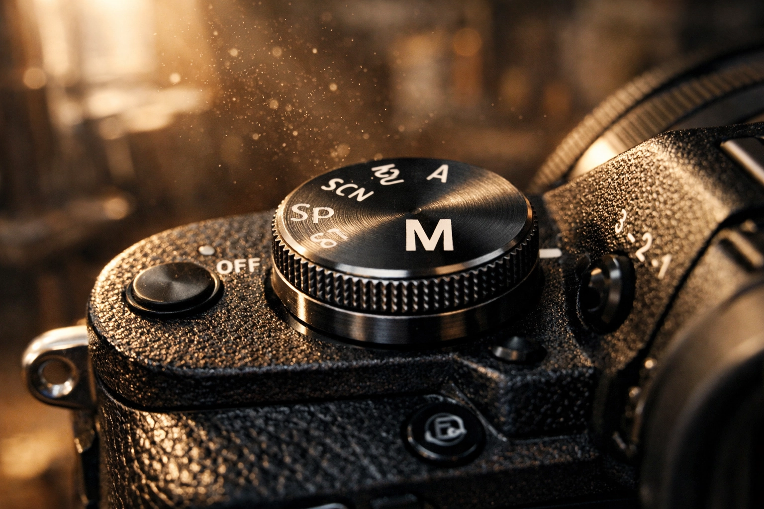 Close-up of a professional camera dial set to manual mode for photography for beginners.