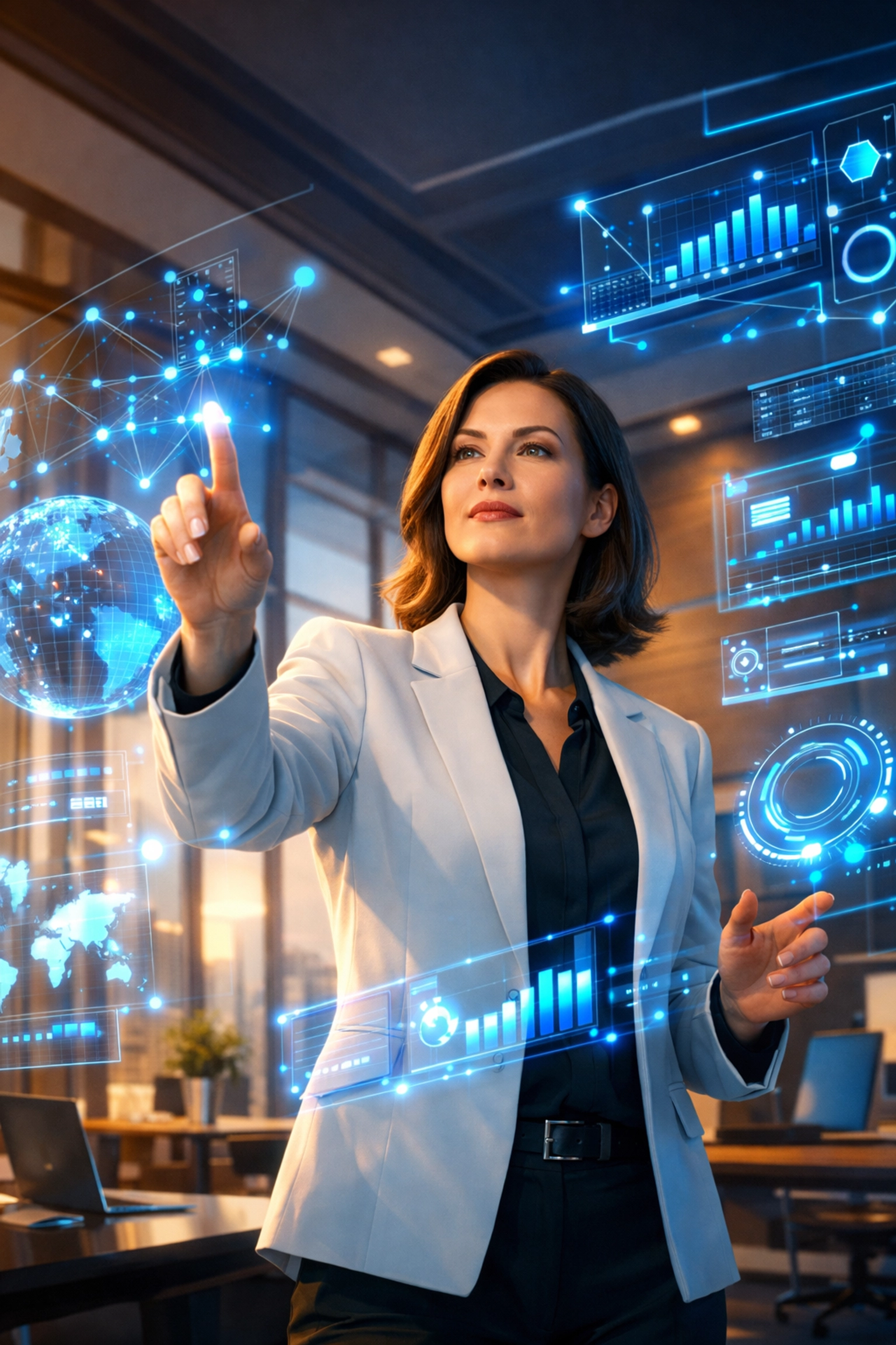 Mitarbeiter arbeitet souverän mit KI-Hologrammen in einem modernen Büro der Zukunft.