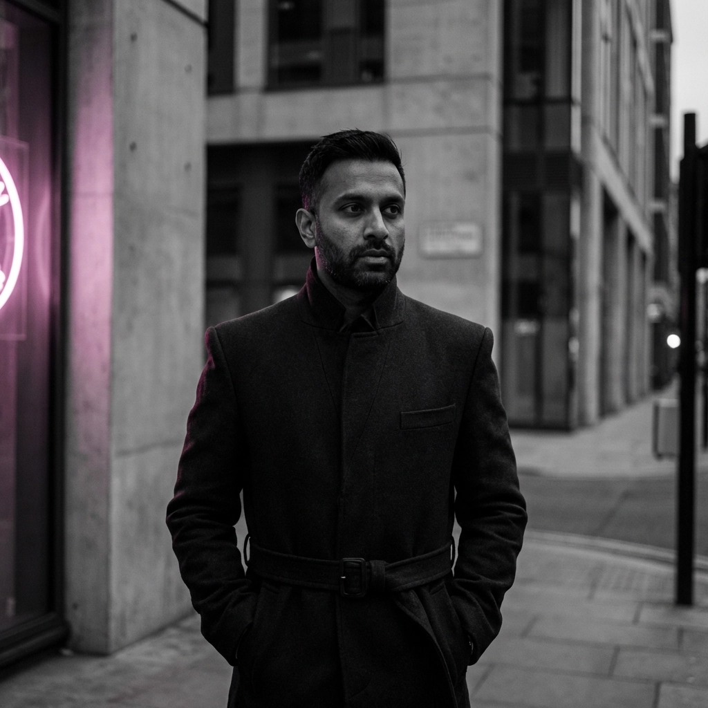 Brown man in tailored architectural coat on city street, representing structured outerwear trend in urban street fashion