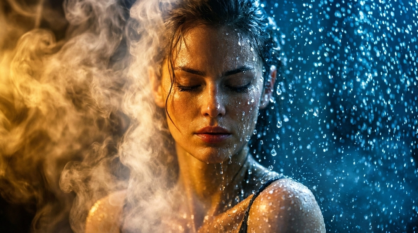 Detailed close-up showing water and steam to illustrate sensory awareness and body reconnection.