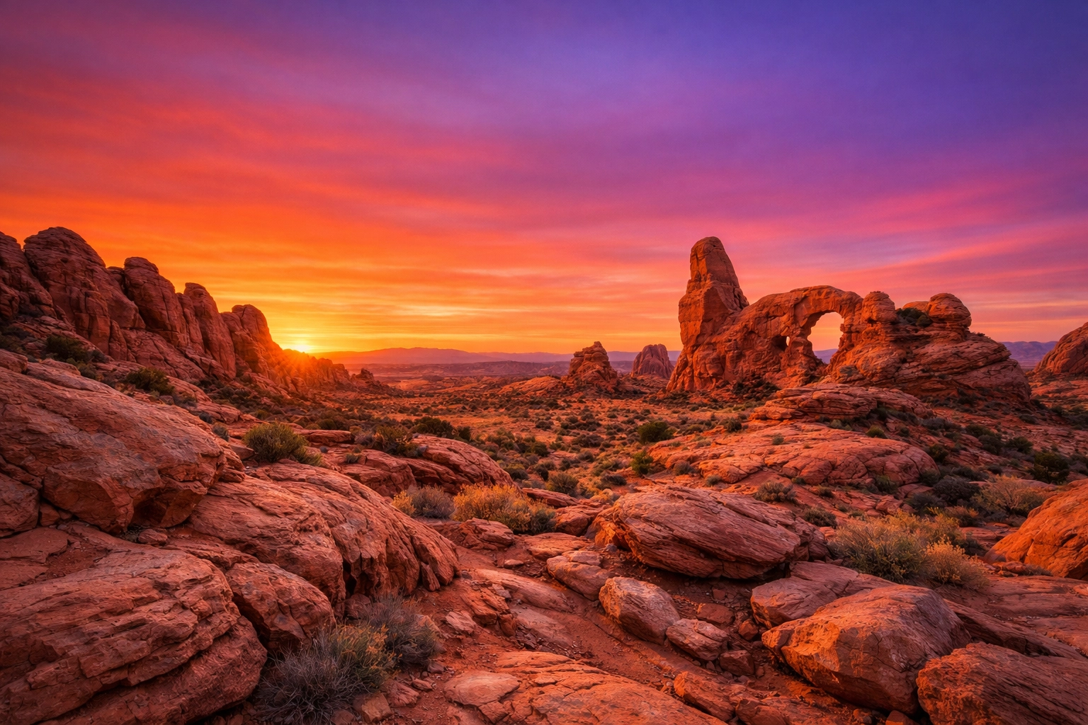 High-resolution National Park landscape showing sharp rock textures and a smooth sunset sky.