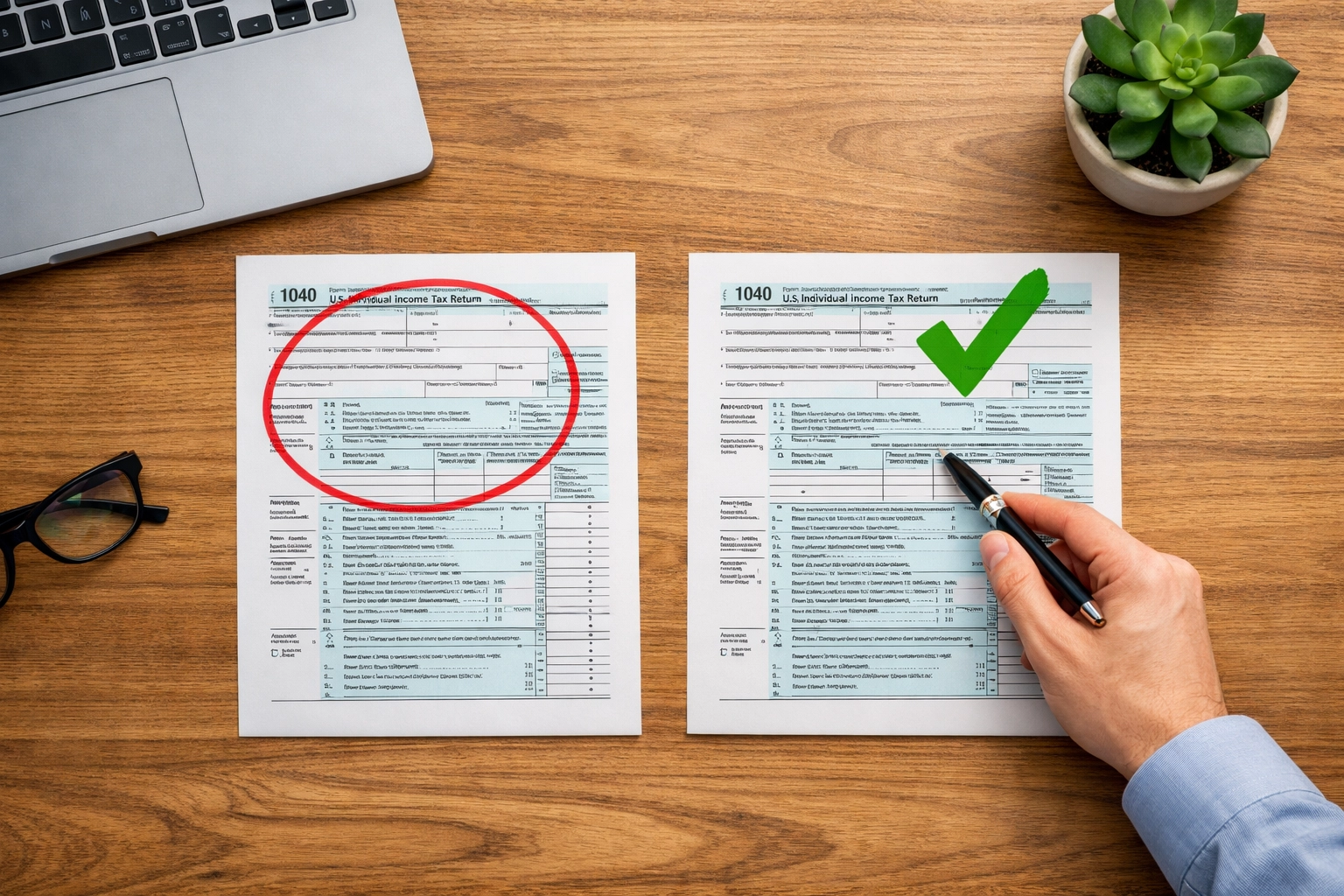 Comparing incorrect and correct 1099 forms with error marks and checkmarks