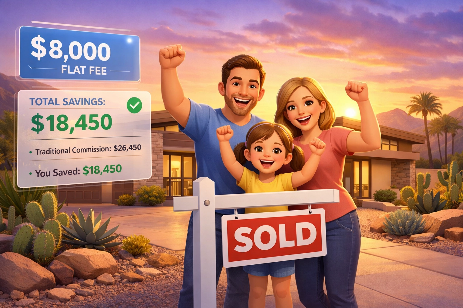 Happy family celebrating home sale with Rewarding Heroes $8,000 flat fee savings in Goodyear