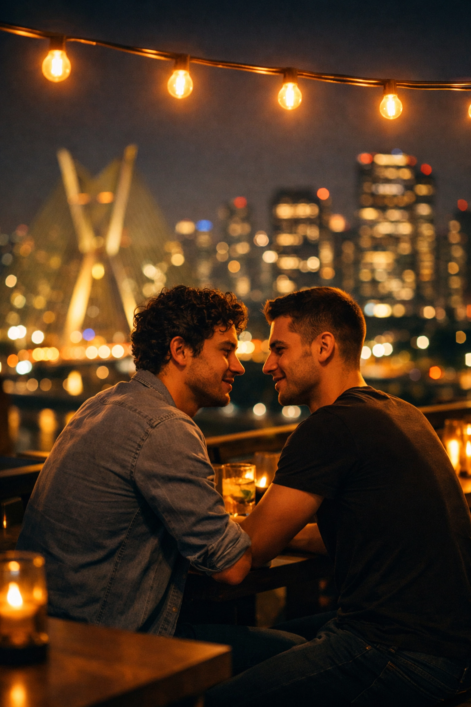Two men connecting on São Paulo rooftop bar at night - MM romance setting in Morumbi