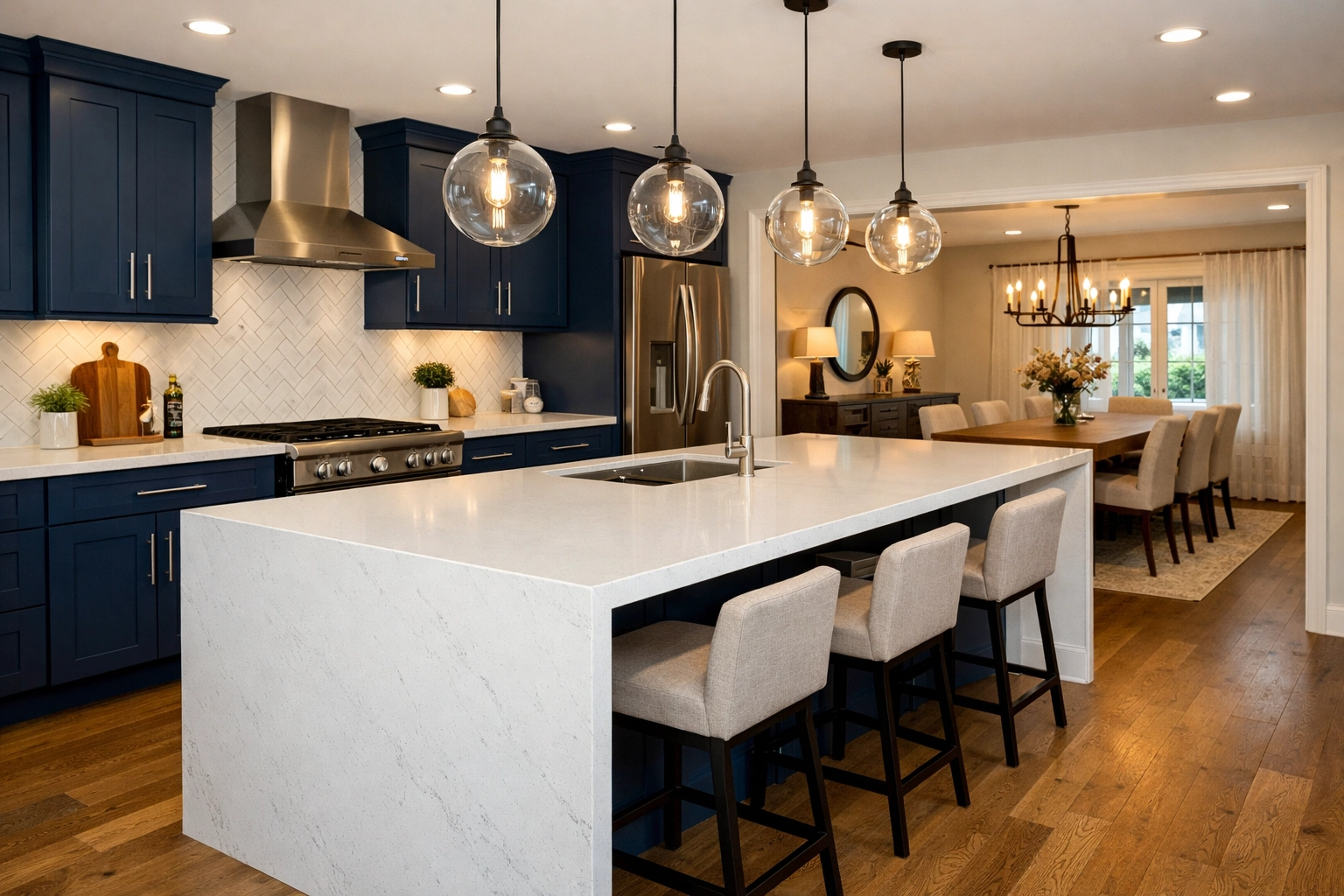 High-end Orlando kitchen remodel featuring a quartz waterfall island and custom navy blue cabinetry.