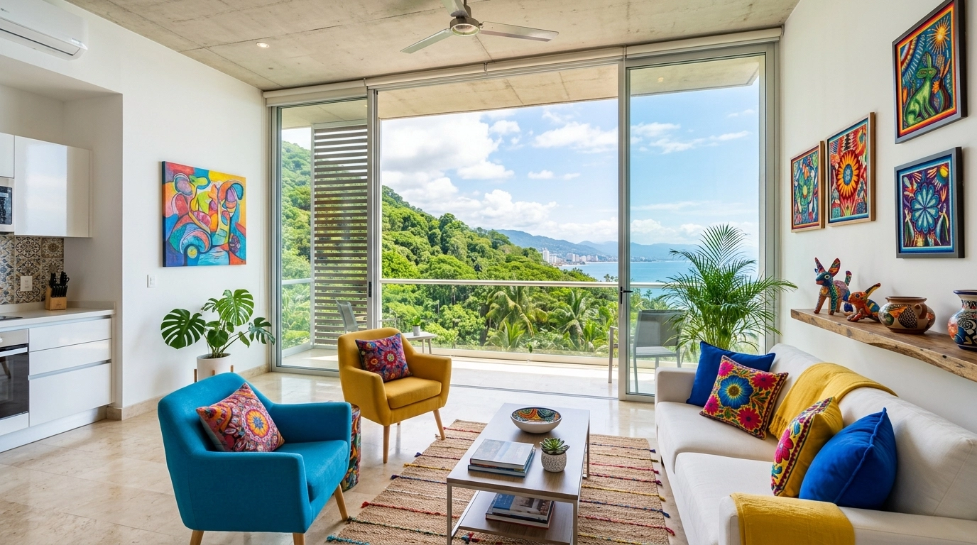 The interior of a bright and stylish condo in Amapas with a view of the jungle and ocean.