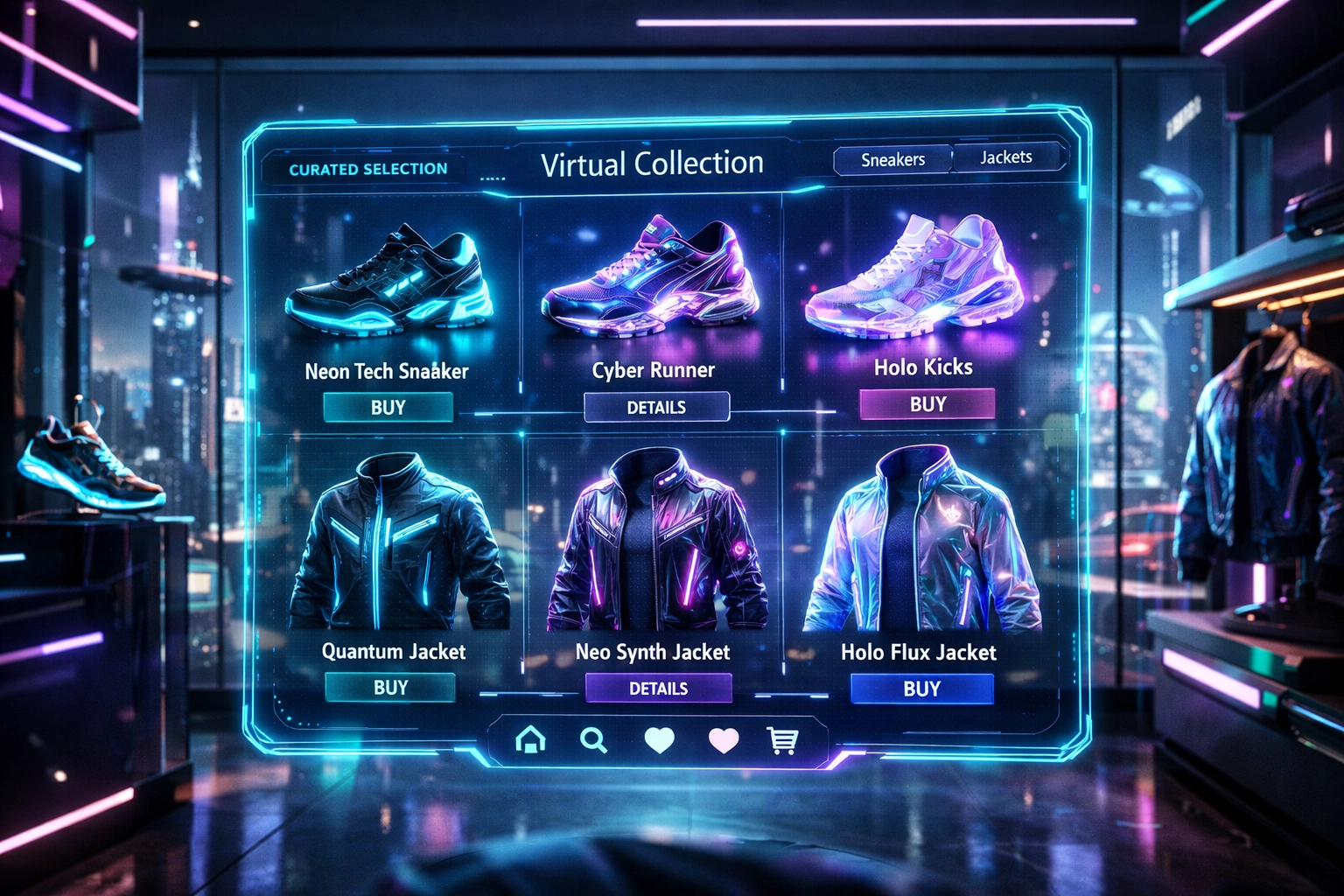 AI-powered metaverse shopping interface displaying digital sneakers in a virtual store.