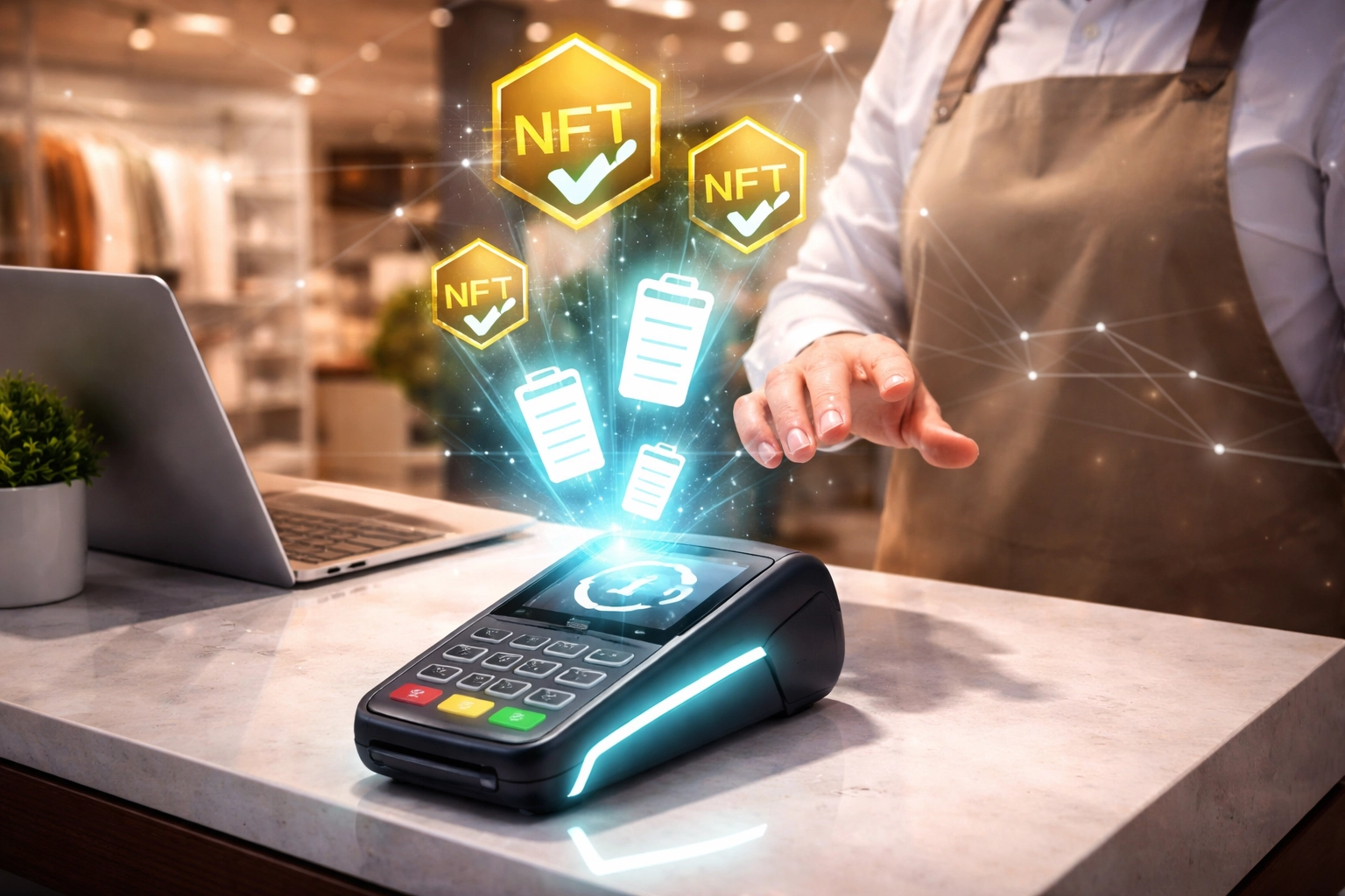 Merchant using a modern contactless crypto POS terminal with NFT receipts, illustrating Web3 retail payments