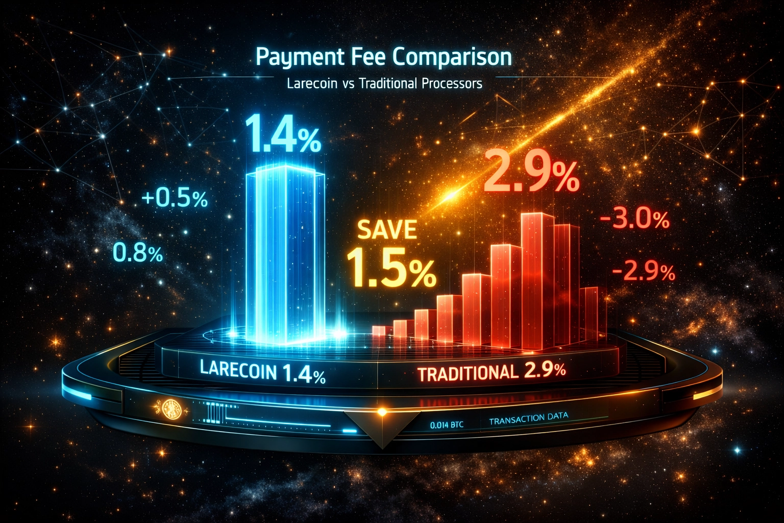 Crypto payment fee comparison showing Larecoin's 1.4% vs traditional 2.9% processor fees