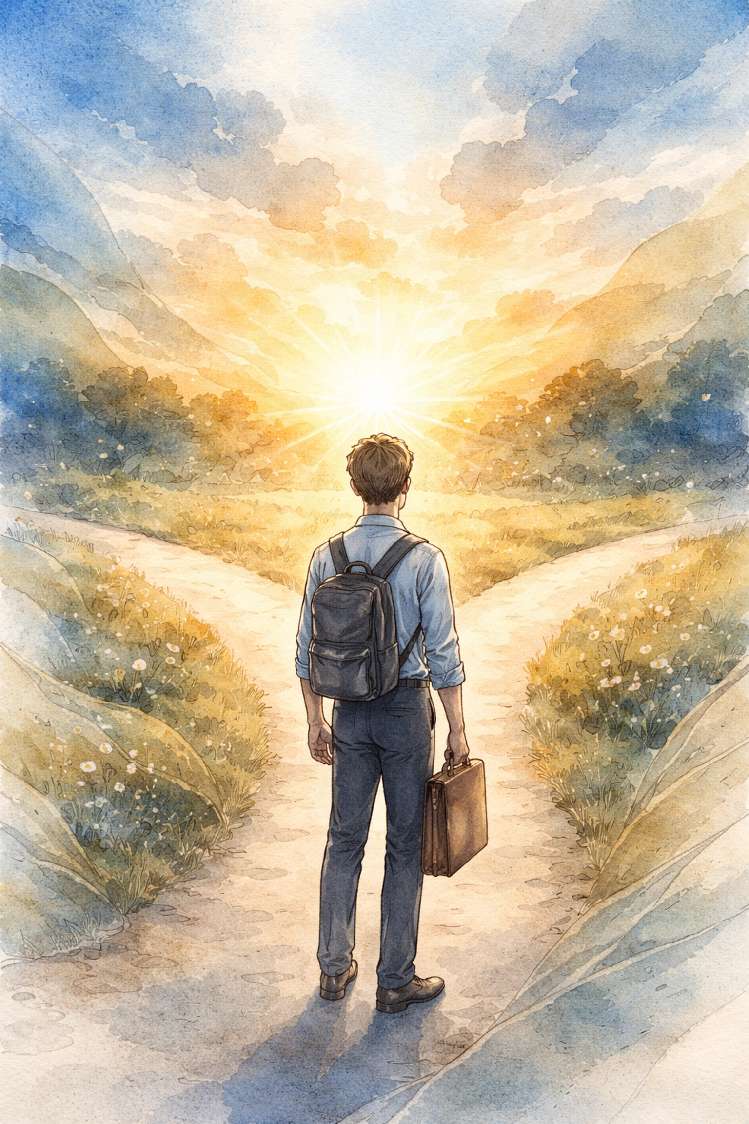 Hand-drawn illustration of a young professional at a crossroads, symbolizing finding identity in Christ.